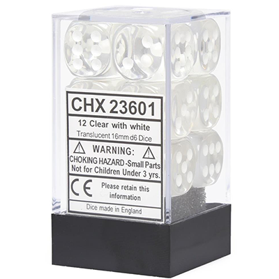 Chessex D6 12-Die Set: Translucent Clear w/White