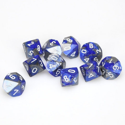 Chessex D10 10-Die Set: Gemini Blue Steel w/White