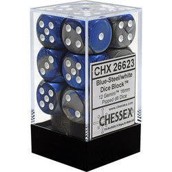 Chessex D6 12-Die Set: Gemini Blue and Steel w/White